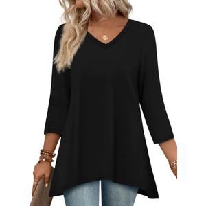 3/4 Length Sleeve Womens Tops Dressy Casual Tunic Tops Summer Tops for Seniors Date Outfits V Neck Maternity T Shirts Fashion Beach Vacation Clothes Black L