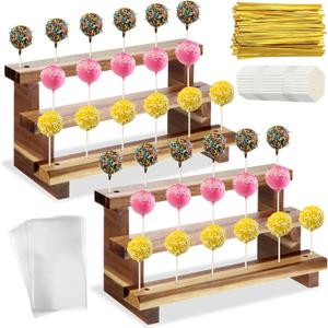 2 Pack Wood Cake Pop Stands Sucker Display 3 Tier Lollipop Holders with 100 Treats Bags 100 Lollipop Sticks 100 Gold Twist Ties for Dessert Table of Wedding Baby Shower Birthday Party (Acacia Wood)
