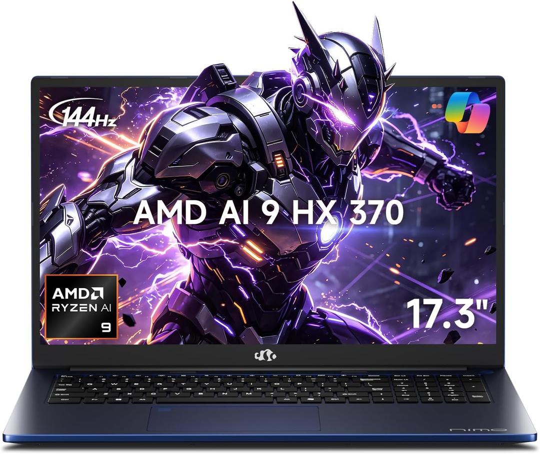 NIMO 17.3" Copilot+ AI Laptop, AMD Ryzen AI 9 HX 370 (Up to 5.1GHz), 32GB DDR5 RAM 1TB SSD, Radeon 890M, 144Hz FHD Display, 100W PD, USB 4.0, Fingerprint