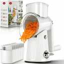Rotary Cheese Grater with Handle - Vegetable Shredder with 5 Blades & Strong Suction Base, Round Slicer & Food Chopper for Kitchen (White)