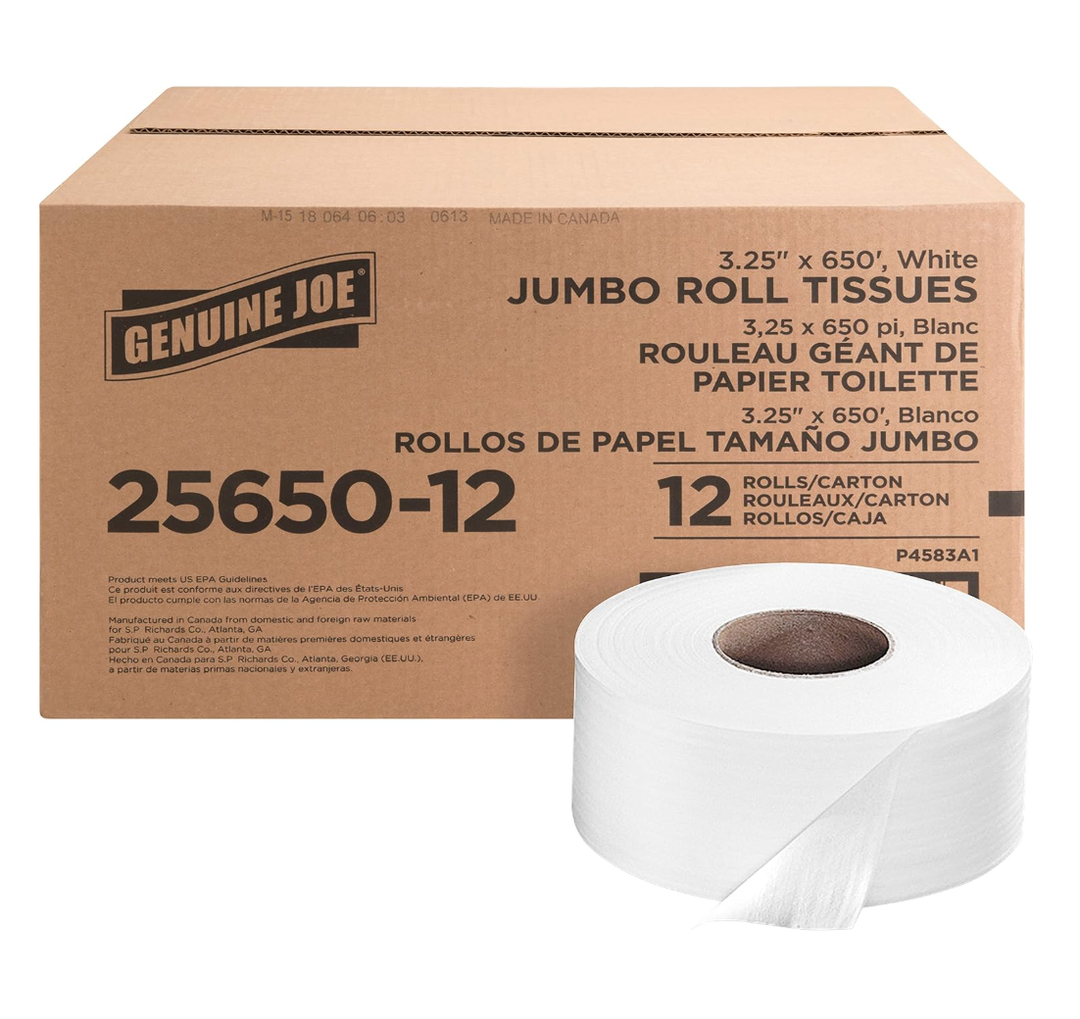 Genuine Joe Jumbo Roll Bath Tissue - 2-Ply White Toilet Paper, 3.3" x 650' per Roll, 12 Count Bulk Pack, Recycled Fiber, Commercial Grade for Dispensers