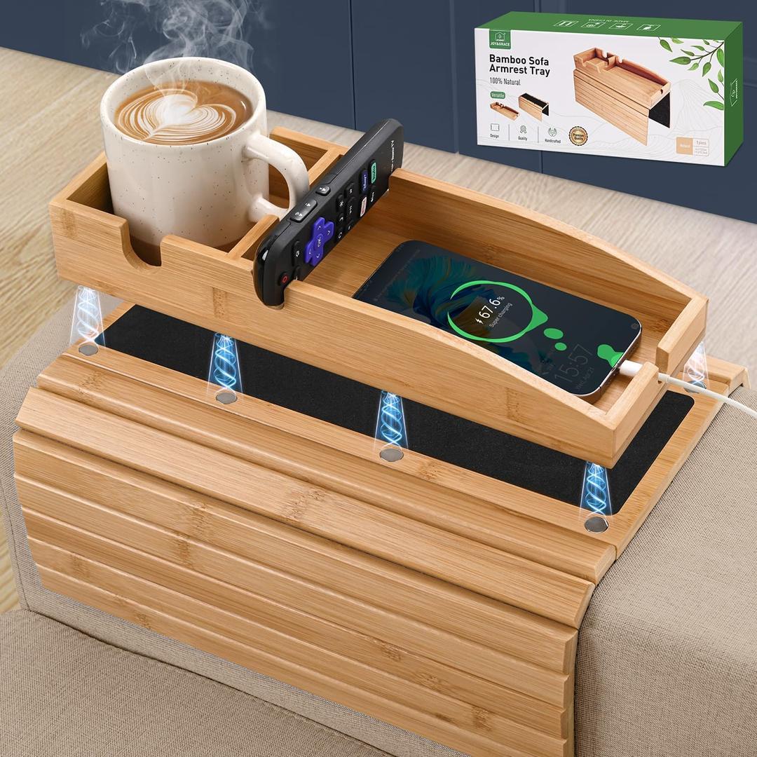 Joy&Grace Couch Cup Holder, 3-in-1 Magnetic Detachable Couch Arm Tray, Bamboo Sofa Armrest Table with Anti-Slip Pad, Sofa Armrest Tray Table (Natural)