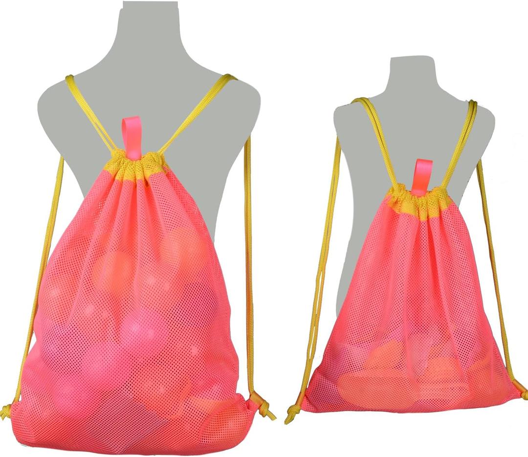 MUYIZI Mesh Beach Bag for Kids and Adults 2 Pack, Mesh Drawstring Backpack - Quick Dry Sand Free Beach Toy Bags Portable Sand Toy Bag Swimming Pool Accessories, Bags Only (Bright Pink), Large and Small