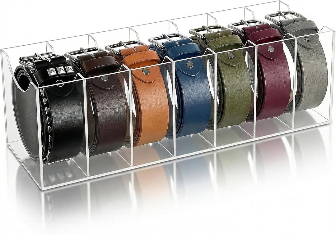 Acrylic Belt Organizer, Belt Storage Holder Purse Organizer for Closet 7 Compartments Clear Plastic Display Case Pantry Kitchen Cabinet Organizers