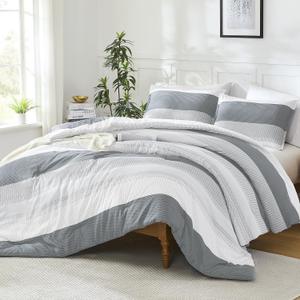 Litanika Comforter Full Size Bed Set Light Grey - 3 Pieces Lightweight Gray White Colorblock Stripe Fluffy Bedding Comforter Sets, All Season Bed Set
