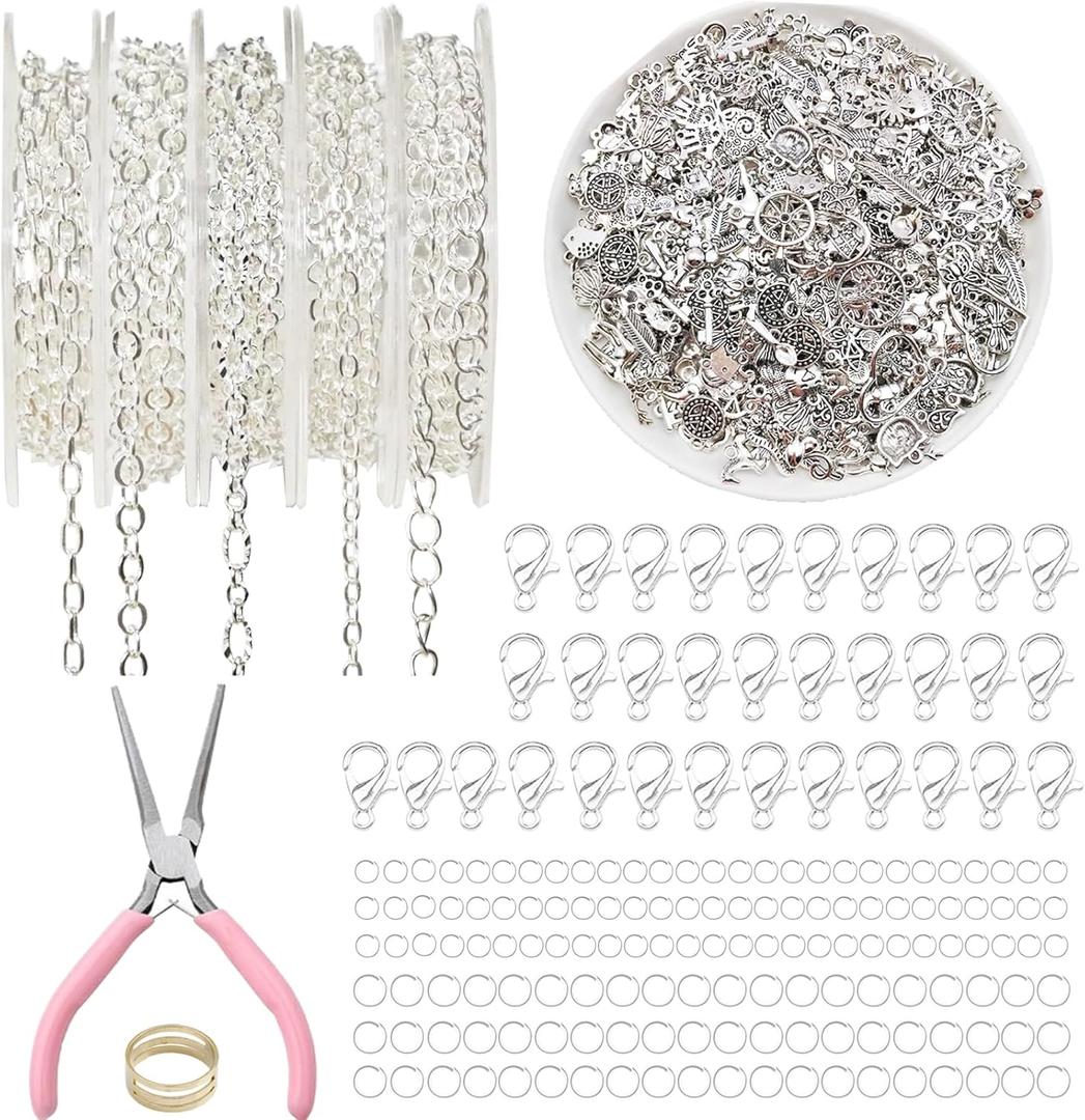 XKCWXY Necklace Chain for Jewelry Making,16.4 ft 5 Rolls Silver Plated Chains for DIY Necklace Bracelet Jewelry Making Accessories with Charm Pendants Jump Rings Lobster Clasps Pliers