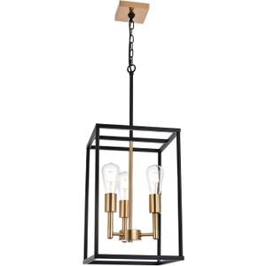 VINLUZ 3 Light Vintage Industrial Pendant Light, Lantern Cage Chandelier in Black and Brushed Brass Finish Classic Hanging Kitchen Lighting for Foyer Dining Room Kitchen Island, Bedroom