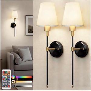 DORESshop Battery Operated Wall Sconce Set of 2, Wireless Wall Light Easy to Install, 7 Color Rechargeable Wall Sconces, Sconce Wall Decor Set of 2 for Bedroom, Living Room, Gold and Black, 24.6in