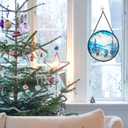 ERMCDFHC Stained Glass Window Hanging, Skiers in Winter Mountains Design Round Sun Catchers Glass Panel Suncatcher Decor for Home, 7.8Inch. (028)