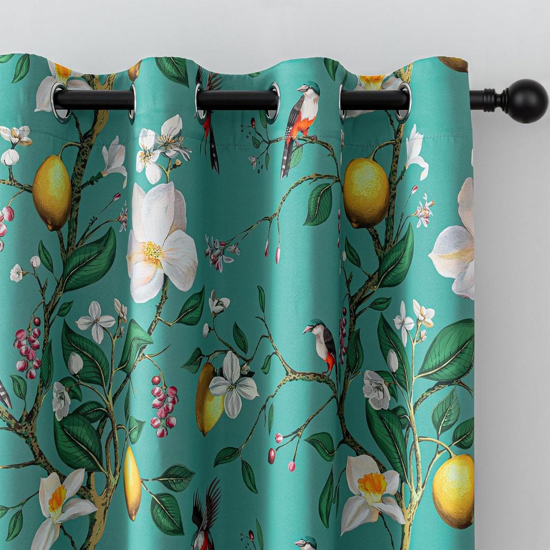MYSKY HOME Floral Blackout Curtains 84 inch Long for Living Room Vintage Mid Century Style Lemon Hummingbird Patterned Room Darkening Privacy Drapes Grommet Living Dining Room, 2 Pcs, 52"W, Deep Green