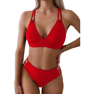 Tainehs Women's Push Up V Neck Bikini Sets Criss Cross Back Two Piece Bathing Suit (Medium, Red)