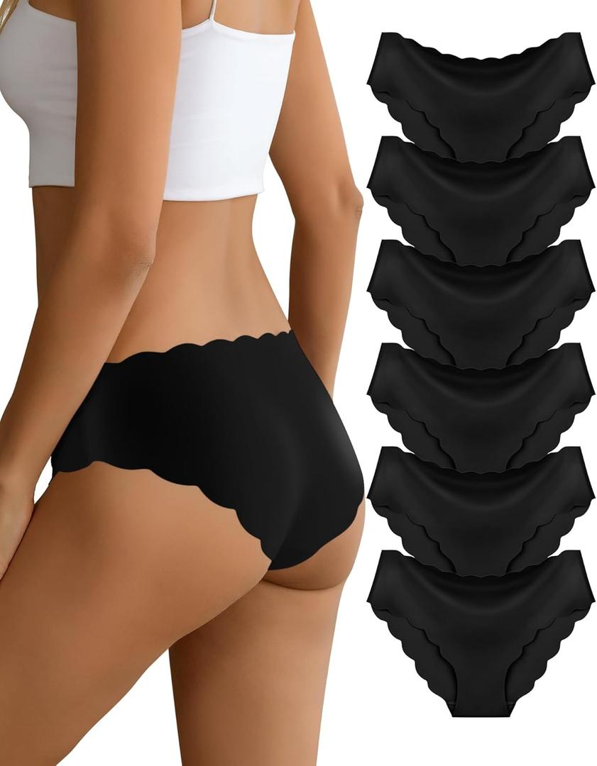 Seamless Underwear for Women Stretch No Show Panties Invisible Wave Edge Bikini Underwear 6 Pack (Medium, Black)