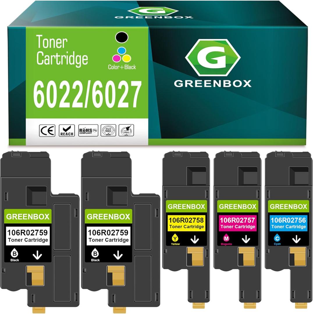 GREENBOX Remanufactured 6027 High-Yield Toner Cartridge Replacement for Xerox 6022 6027 106R02759 106R02758 106R02757 106R02756 for Phaser 6020 6022 Printer (2 Black 1 Cyan 1 Magenta 1 Yellow, 5-Pack)