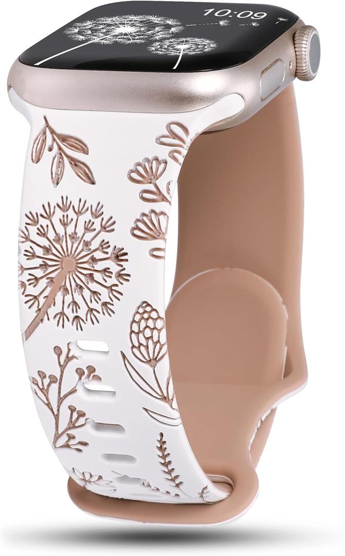 Wearlizer Floral Engraved Band Compatible with Apple Watch Bands 38/40/41/42/44/45/46/49mm Women, Two-Tone Flower Silicone Cute Sport Strap for iWatch Series 11 10 9 8 7 6 5 4 3 SE/Ultra 3 2 1 (White/Nude)