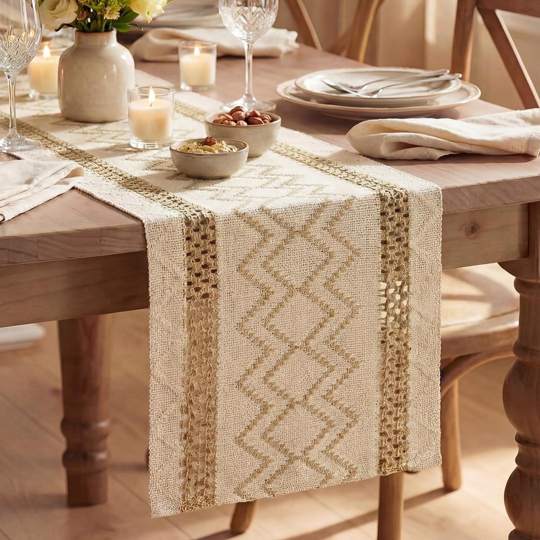 Artoid Mode Burlap Brown Stripe Diamond Pattern Woven Table Runner, Seasonal Holiday Hollow Kitchen Dining Table Decoration for Home Party Decor 12x90 Inch