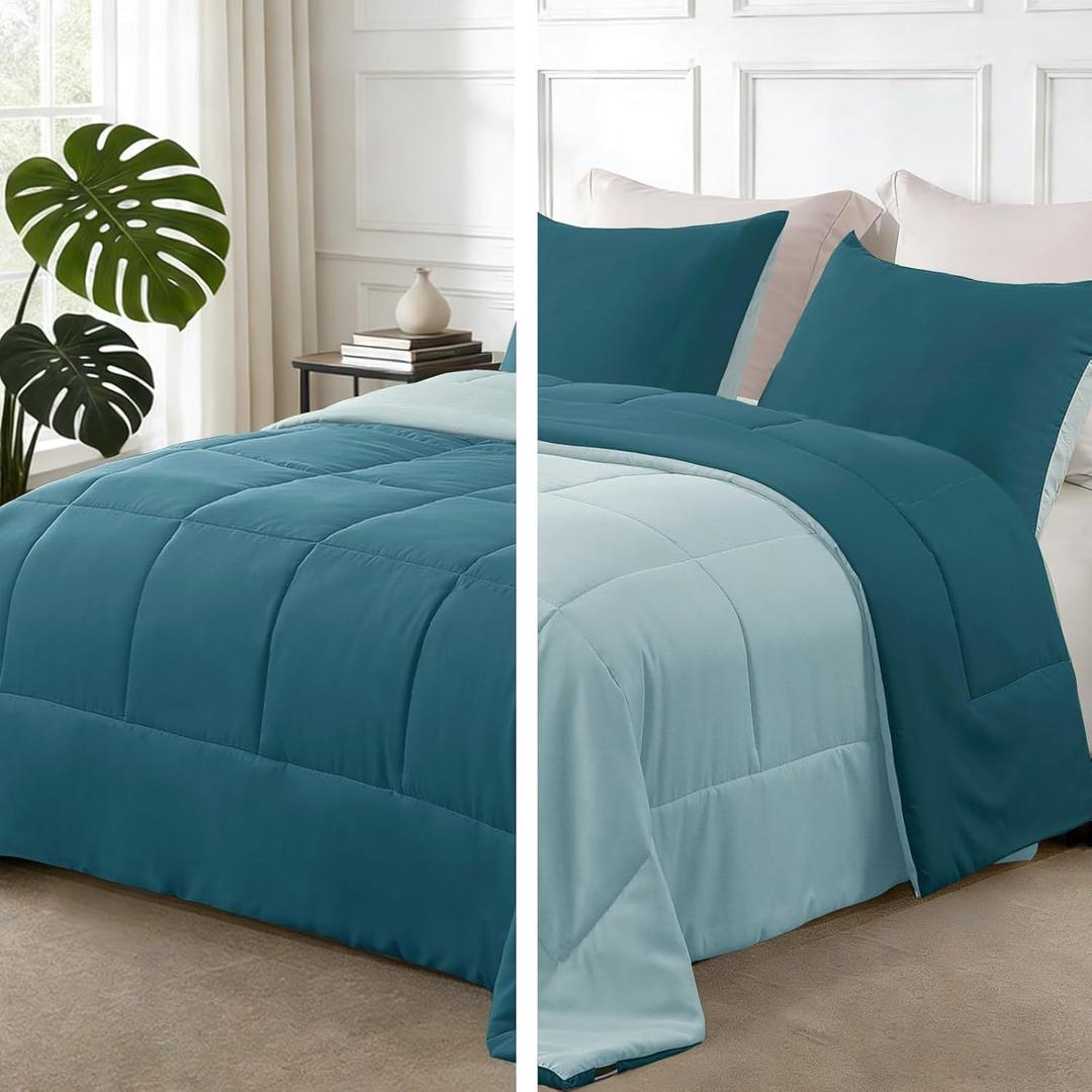 Exclusivo Mezcla Lightweight Reversible Queen Size Comforter Set, Down Alternative Comforter with 2 Pillow Sham, Queen Size Bedding Set for All Seasons, Dusty Teal/Aqua Blue