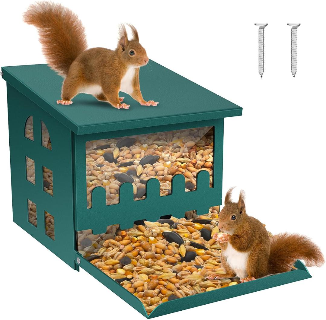 Squirrel Feeder for Outside Tree, Metal Squirrel Feeder with 3 Windows, Funny Squirrel Picnic Table Feeder for Chipmunks, Weatherproof Squirrel House Box for Outdoors