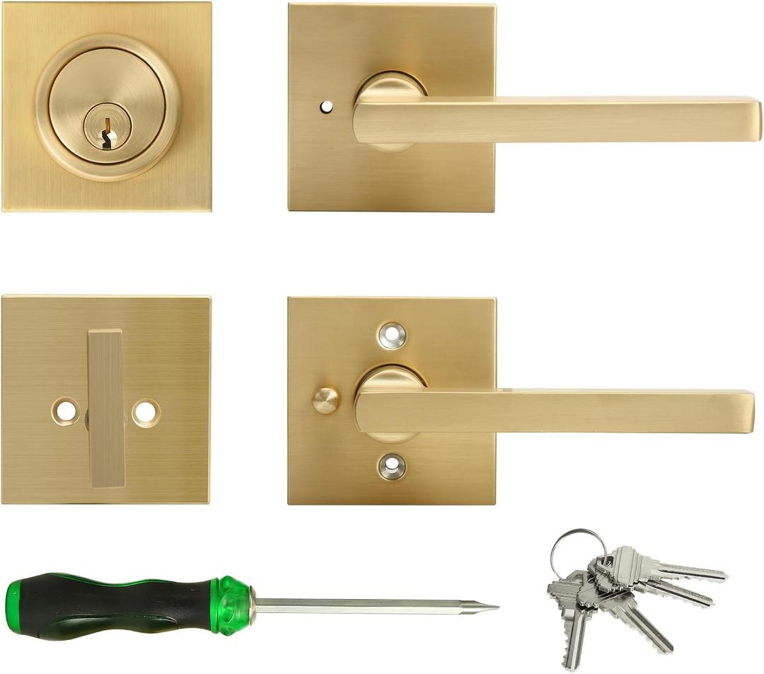 Cielsa Dawn Gold Heavy Duty Privacy Lever Door Handle and Single Cylinder Deadbolt Lock and Key Combo Pack - Locking Lever Set for Left or Right-Handed Doors - Exterior Door Levers - Satin Brass