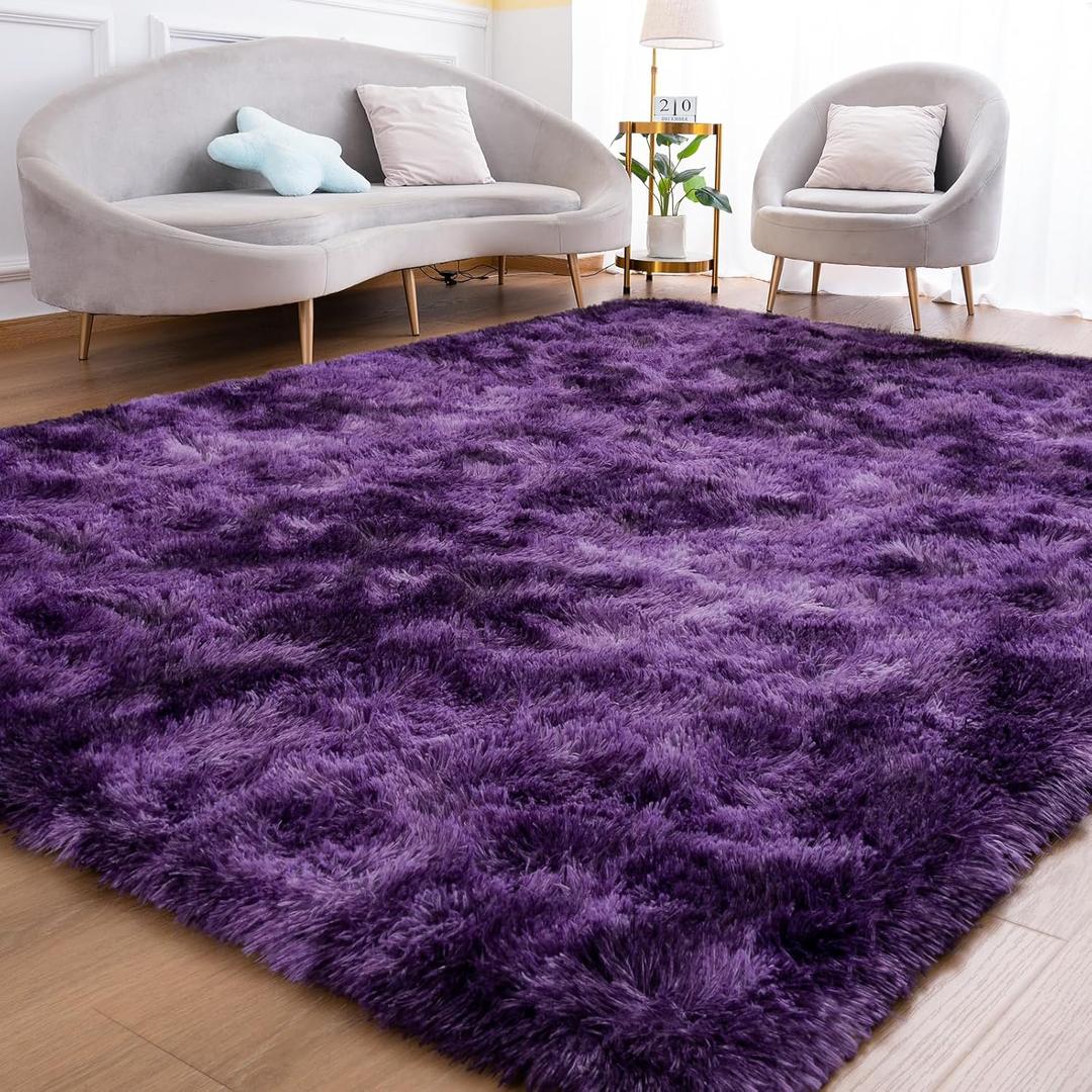 Fluffy Rug for Bedroom Living Room, 5x7 Purple Area Rugs, Faux Fur Shag Modern Carpet Ultra Soft Girls Boys Room Home Decor, Tie-Dyed