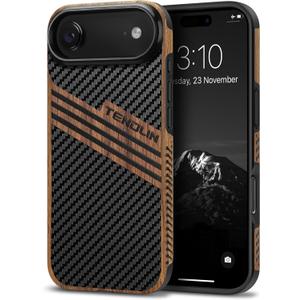 TENDLIN Compatible with iPhone Air Case Wood Grain with Carbon Fiber Texture Design Leather Hybrid Slim Case (Three Stripe)
