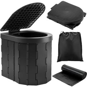 KINSPORY Camping Toilet, Portable Toilet for Adults & Kids, Foldable Potty & Outdoor Emergency Sanitation Products, Trash Can, Stool for Car Truck Camping Travel Hiking Fishing Long Trips (Deep Black)