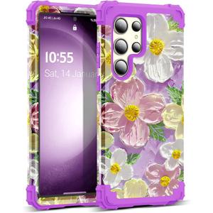 for Galaxy S23 Ultra Case,3 in 1 Oil Painting Flower Pattern Heavy Duty Shockproof Protection Silicone Rubber Bumper+Hard Plastic Protective Cover for Samsung S23 Ultra 6.8",Purple/Pink