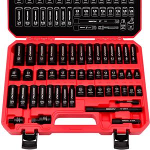 3/8" Drive Impact Socket Set - 49-Piece SAE (5/16 to 3/4 inch) and Metric (8-22mm) Sizes with Extension Bars and Universal Joint Standard & Deep CR-V Material for High Durability Impact Wrench
