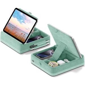 KDD Tablet Pillow Stand with Storage, Foldable iPad Holder for Bed, Lap and Desk, Angle Adjustable Soft Pad Dock with Stylus Mount Compatible with iPad Pro 12.9, 11, Air, Mini, Phones, Books (Green)