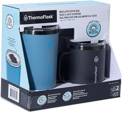 ThermoFlask Insulated Coffee Mugs, Set of 2, 355 and 474 ml, black and Green, Non-Slip Base, Splash Proof Lid