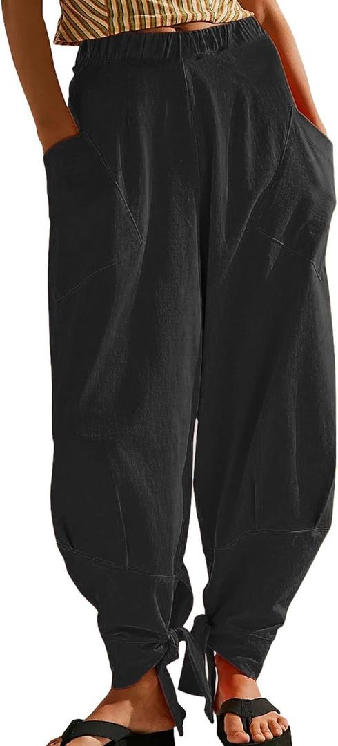 utcoco Womens Baggy Stretchy High Waisted Harem Pants Casual Loose Fit Tie Knot Cotton Sweatpants with Pockets (Large, Black)