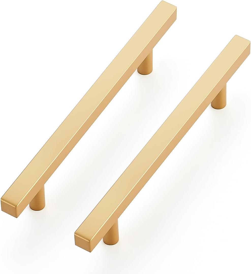 Ravinte 20 Pack Brass 5 Inch Hole Center Champagne Gold Handles Square Cabinet Hardware Stainless Steel Pulls for Kitchen Cupboard Drawers 7-3/8 Inch Overall Length