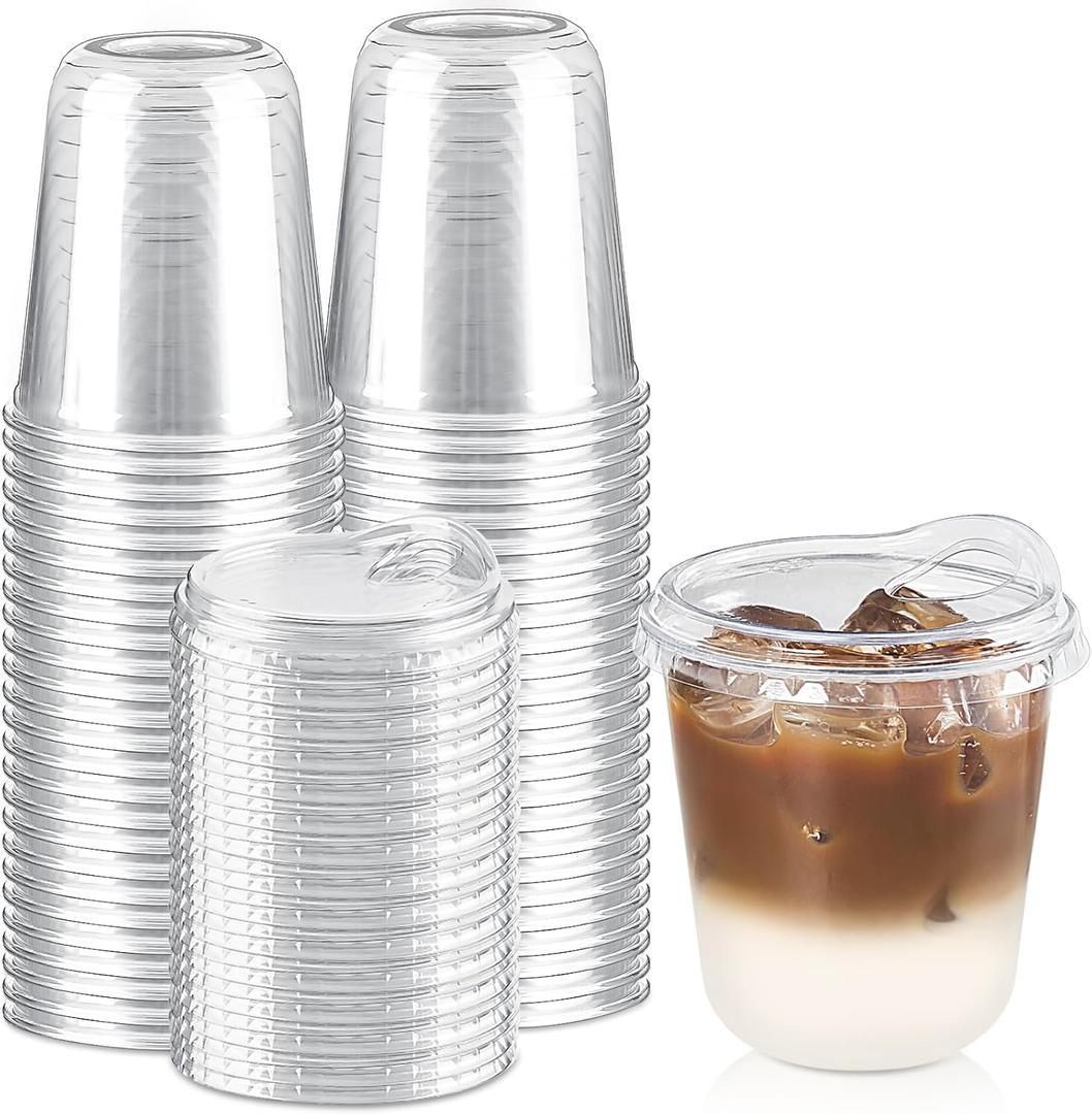 Qeirudu 12 Oz Round Bottom Clear Plastic Cups with Strawless Sip Lids, 50 Pack Disposable Iced Coffee Cups To Go Cups for Cold Drinks, Smoothie, Juice, Milkshake