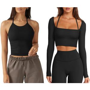 LASLULU Womens Bra Tops Black Sports Bra + Black Long Sleeve Tops-L