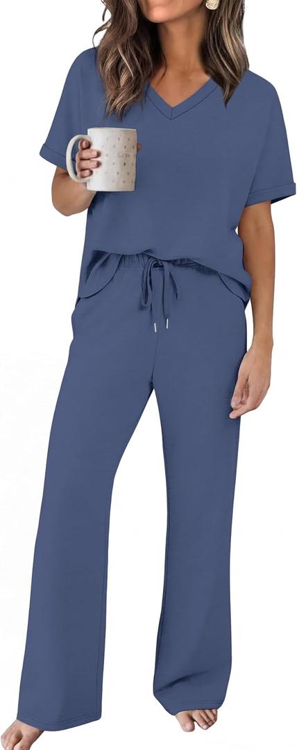 Sampeel Lounge Sets for Women V Neck Turn-UP Sleeves Tops Wide Leg Pants 2 Piece Sets Oversized Summer Vacation Outfits 2026, Small 