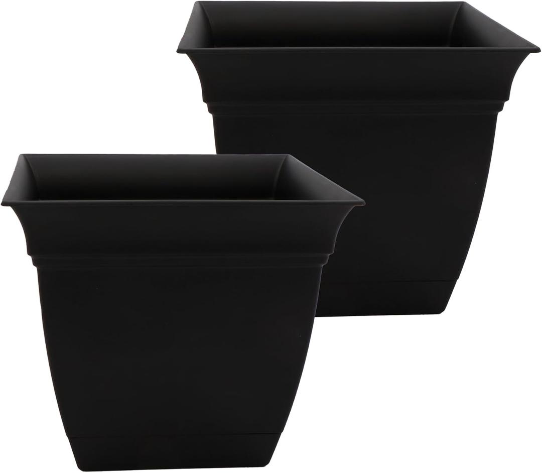 The HC Companies 12 Inch Eclipse Square Planter Pots with Drainage Holes & Attached Saucer, Lightweight UV-Resistant Plastic Indoor Outdoor Planters, 2-Pack Flower Pots for Garden & Home Decor, Black