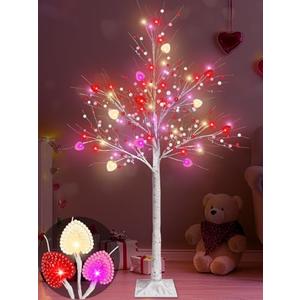 Valentines Day Decor, 4 FT Prelit Lighted Valentines Tree with 3D Hearts&Berries Ornaments 48 Led Red Pink Lights, Outdoor Waterproof Artificial Birches Tree for Valentines Day Decorations Indoor Home