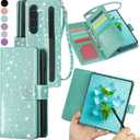 Varikke Compatible with Samsung Galaxy Z Fold 6 Wallet Case, [RFID Blocking] Card Holder, Glitter PU Leather Flip Phone Case with S Pen Holder Slot & Wrist Strap for Women Men, Mint