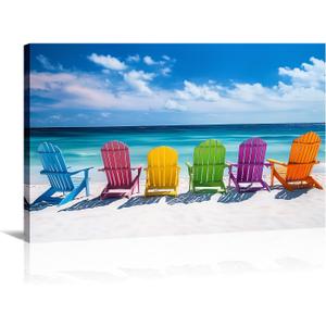 Beach Canvas Wall Art Colorful Chair on Beach Picture Coastal Landscape Painting SeascapePrints Modern Artwork for Bathroom Living Room Home Office Decor Framed - 16.00"x24.00"