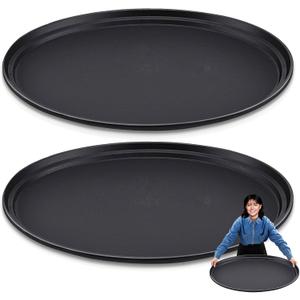 2 Pcs Large Restaurant Serving Trays 24" x 29" Oval Plastic Food Serving Tray Non Slip Rubber Lined Black Serving Tray for Cafeteria (2)