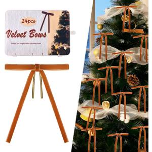 2 x Camel Velvet Bows for Christmas Tree 24 Pcs: Vintage Velvet Ribbon Bows for Tree Wreath Garland Gift Wrapping Decor - Small Christmas Tree Bows for Home Holiday Xmas Decoration (5"x7", 3/8" Width)