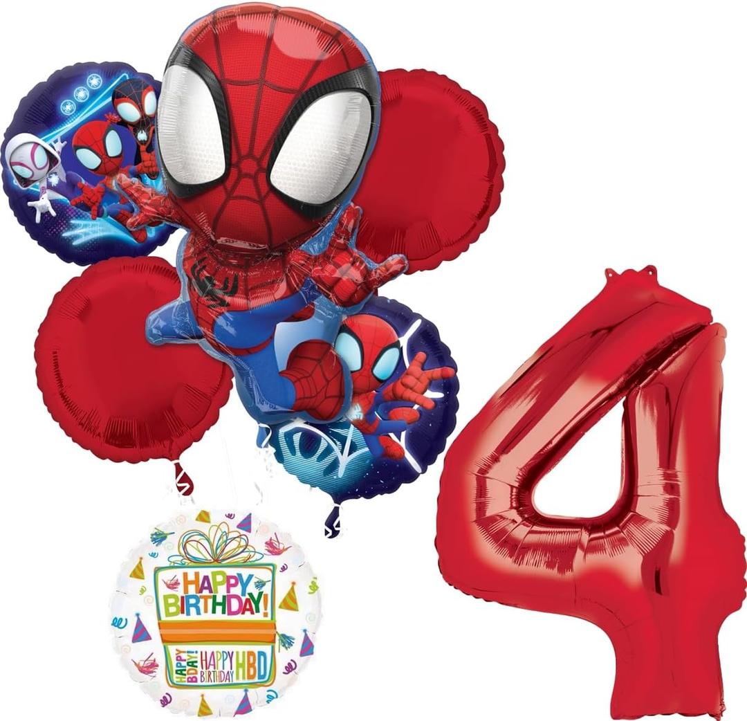 Spidey and Friends 4th Birthday Party Supplies 7pc Foil Balloon Bouquet Decorations
