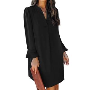QACOHU Fall Dresses for Women 2026 Casual V Neck Long Sleeves Flowy Mini Tunic Dress (Black, L)