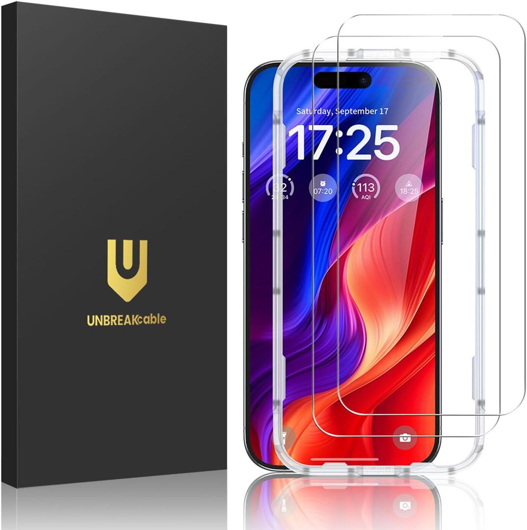 UNBREAKcable 2-Pack Screen Protector for iPhone 16, Military-Grade Shatterproof Tempered Glass [9H+ Hardness] [Easy Installation Frame] [99.99% HD Clear] for Apple iPhone 16