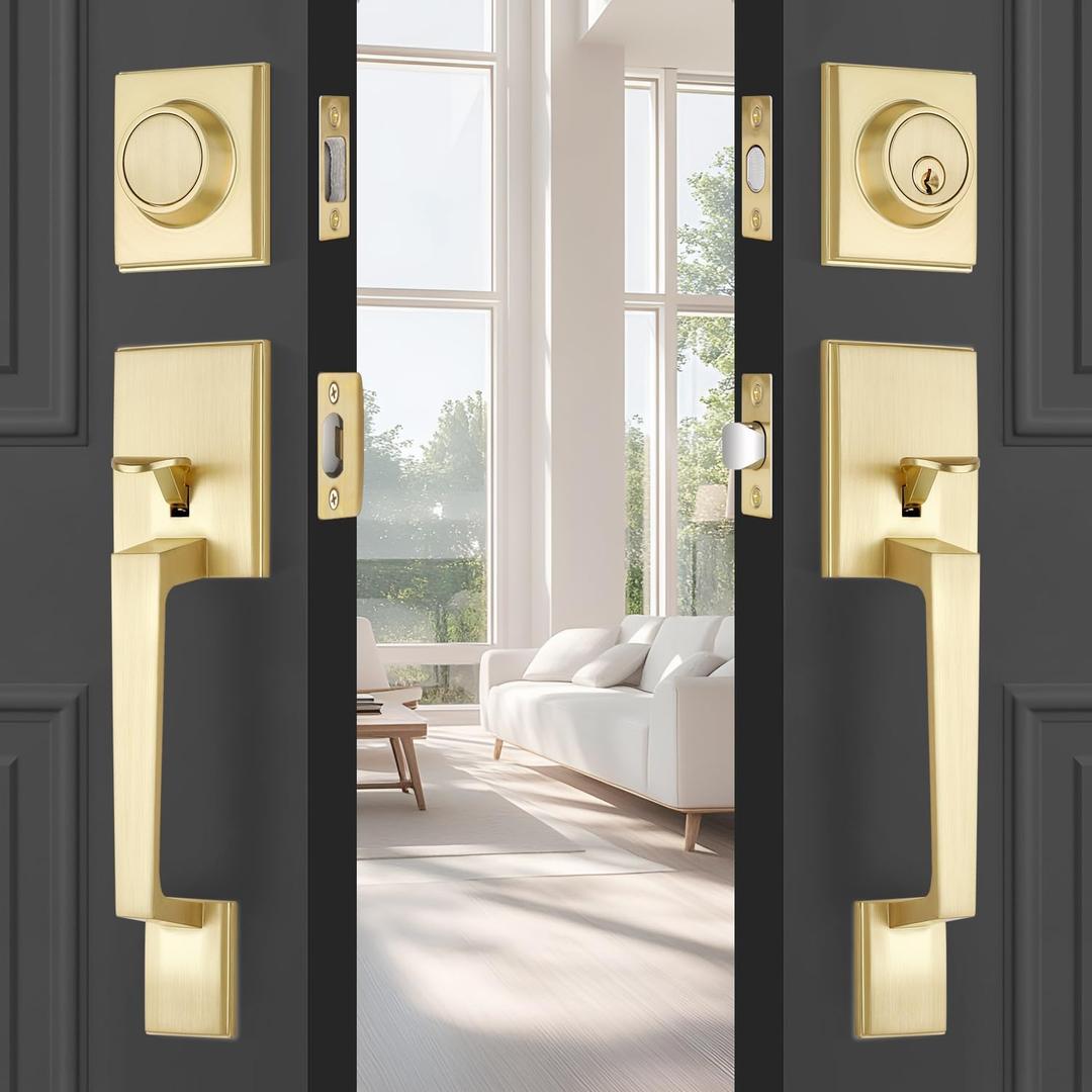 EHOMEWARE Brass Double Front Door Handle Set, Gold Heavy Duty Square Door Lever and Single Cylinder Deadbolt Combo for Side by Side Entrance Exterior Doors, Satin Brass Finish