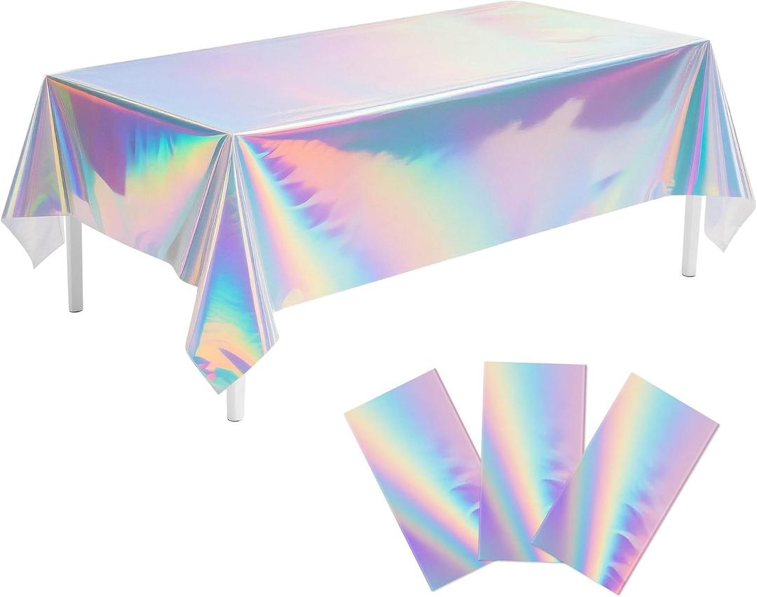 Childom 3 Pack Iridescent Tablecloth,54" x 108" Birthday Party Tablecloths Iridescence Plastic Disposable Table Covers Iridescent Party Decorations,Plastic Tablecloth for Buffet Table,Birthday Decors