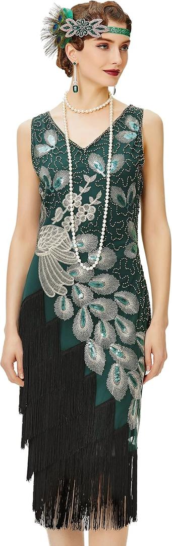 BABEYOND 1920s Vintage Peacock Sequined Dress Gatsby Fringed Flapper Dress Roaring 20s Party Dress (3X-Large, Dark Green With Black Fringe)