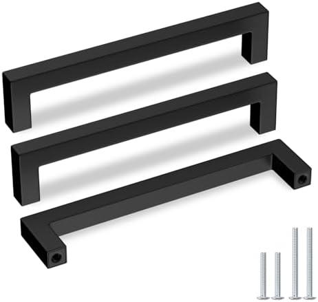 Goldenwarm 5 Pack Black Square Bar Cabinet Pull Drawer Handle Stainless Steel Modern Hardware for Kitchen and Bathroom Cabinets Cupboard,Center to Center 6-1/4in(160mm) Handles for Kitchen Cabinets