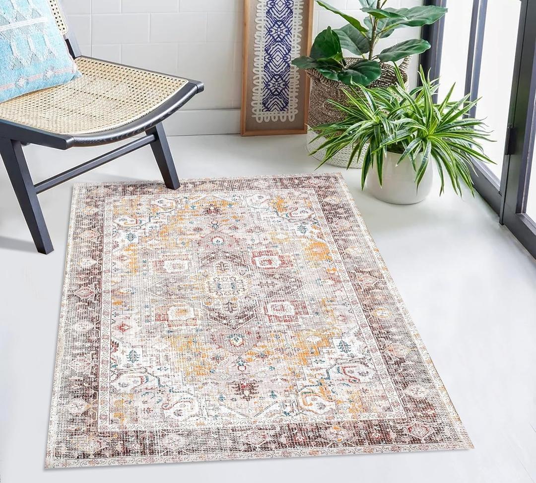 Feet Washable Soft Small Boho Area Rugs, Rags Rug, Printed Carpet Chennile Rugs for Living Room 27x45 inch Cream Brown Multi,Machine Washable Printed Rugs - 30% Cotton, 70% Polyester