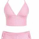 seamoly Women’s Red Gingham Tankini, Two Piece Halter Tank Top with Contrast Trim and Tie Side Boyshorts, Size Small