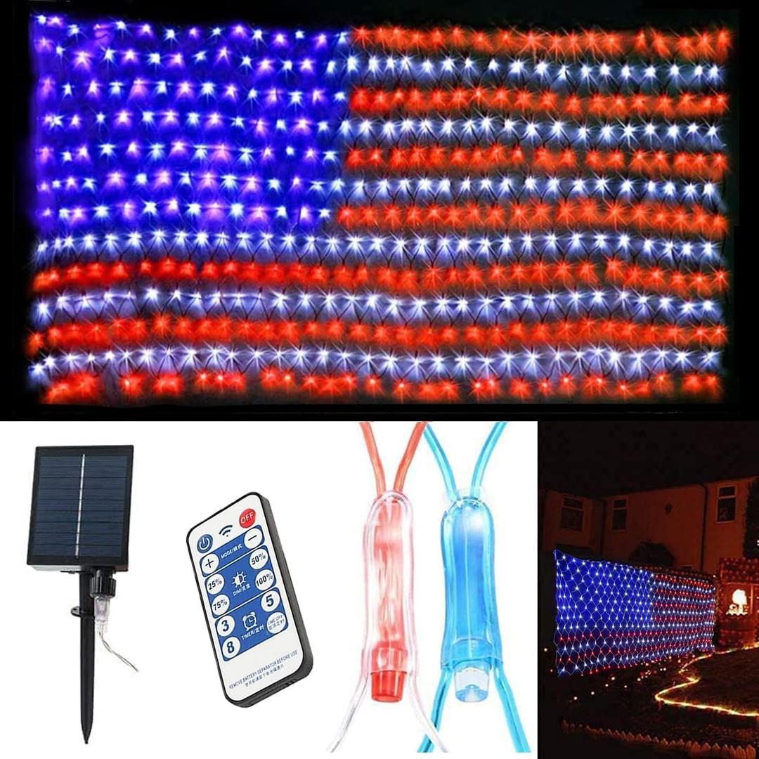 (Upgraded) 2-in-1 Solar Powered American Flag Lights, 420 LED Flag Net Lights, Remote Controlled Waterproof Patriotic Ornament for Memorial Day, 4th of July, Presidential Election, Christmas